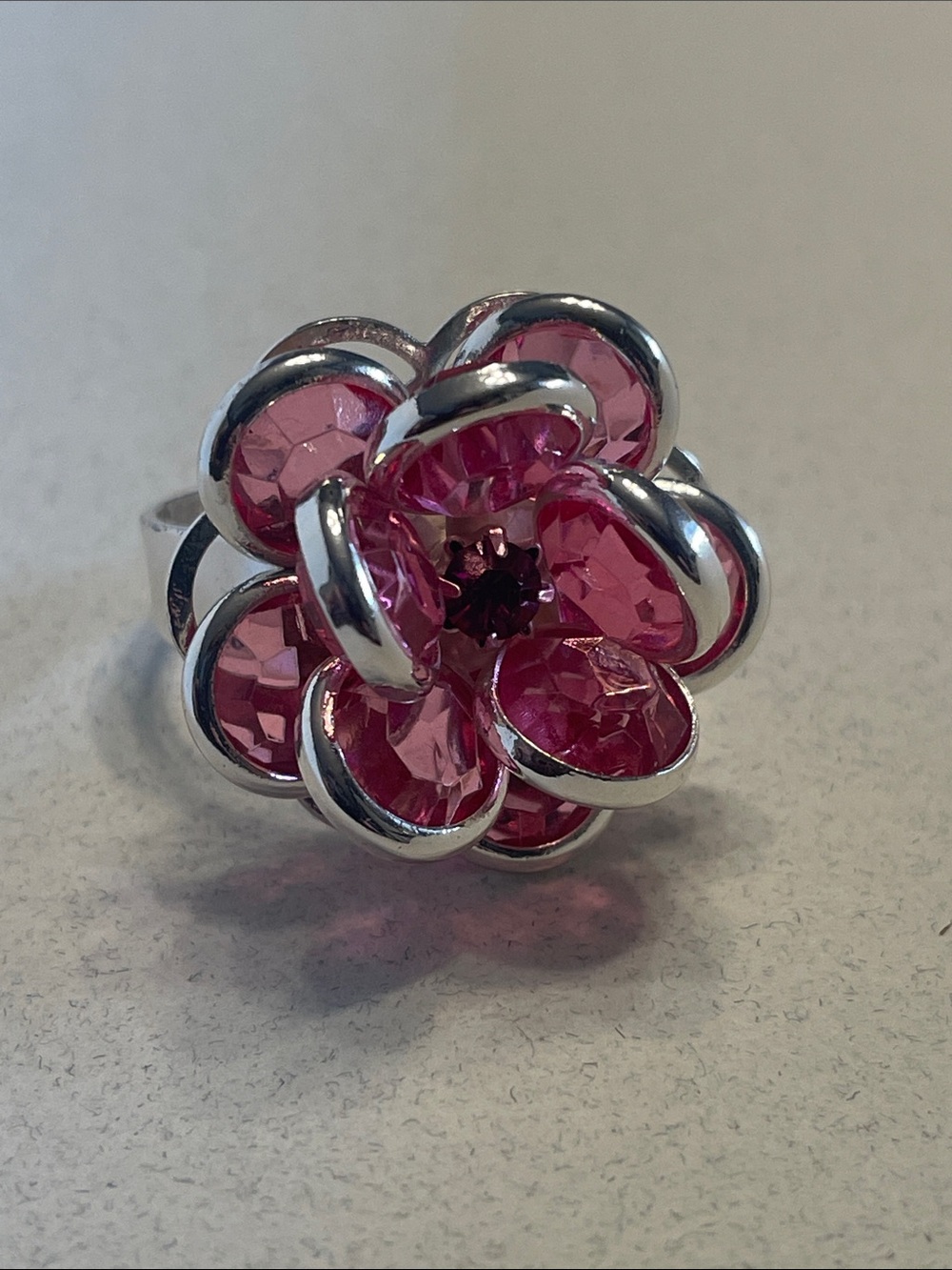 Pink Costume Dimentional Crystal Flower Ring